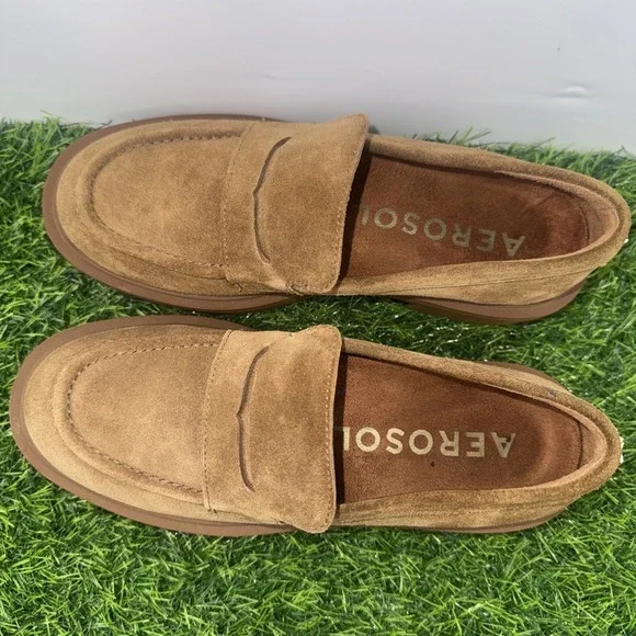 Aerosoles Gelso Block Heel Loafers Tobacco Brown Suede Womens Size 6M Comfort - Picture 3 of 16